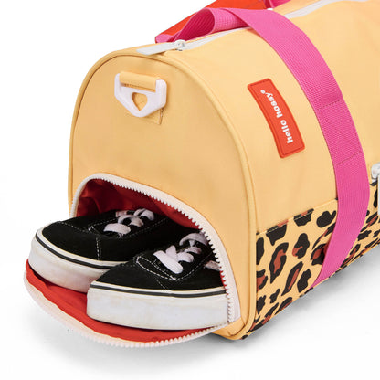 Saco de desporto para criança bege com motivo leopard, estojo para sapatos e detalhe rosa Hello Hossy