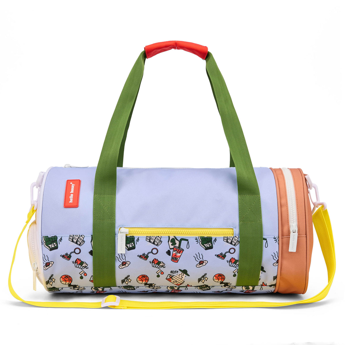 Saco de desporto infantil azul com padrão de desporto, bolso com fecho e pegas verdes Hello Hossy