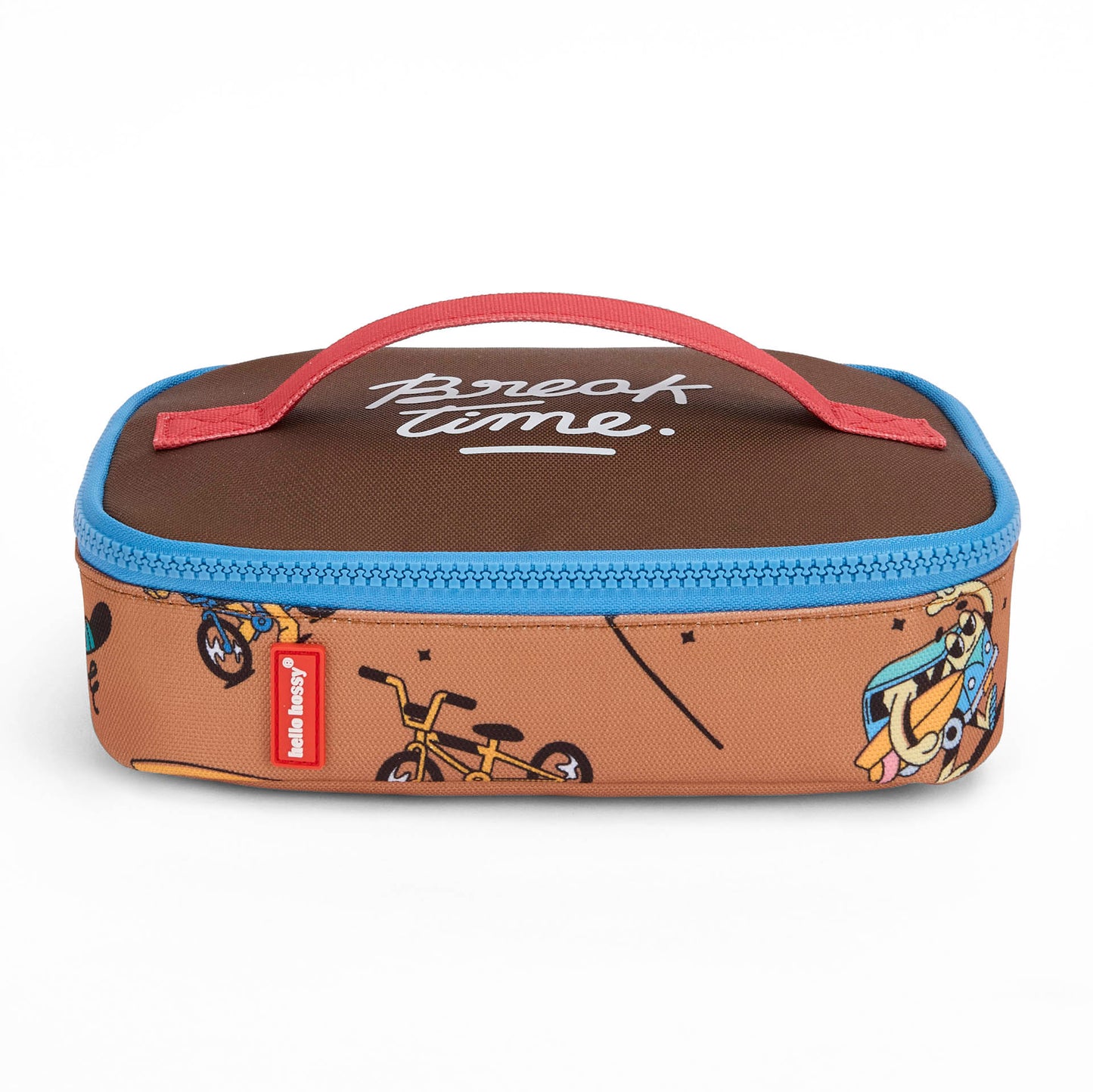 saco de almoço infantil castanho com padrão de mascote de bicicleta e fecho azul Hello Hossy