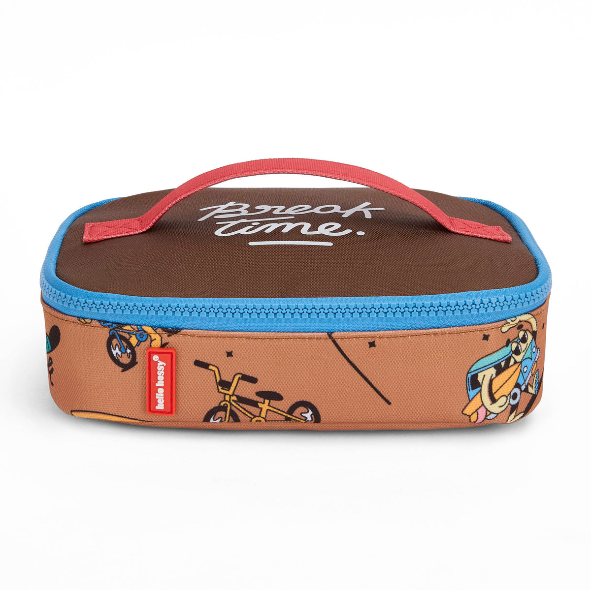 saco de almoço infantil castanho com padrão de mascote de bicicleta e fecho azul Hello Hossy