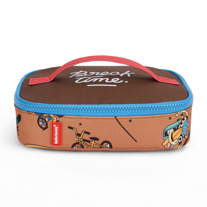 saco de almoço infantil castanho com padrão de mascote de bicicleta e fecho azul Hello Hossy
