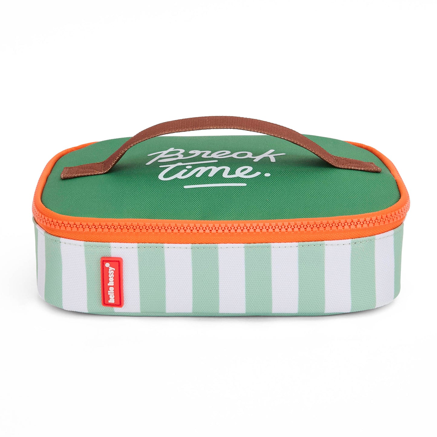 Saco de lanche infantil verde às riscas, pega castanha, fecho laranja Hello Hossy