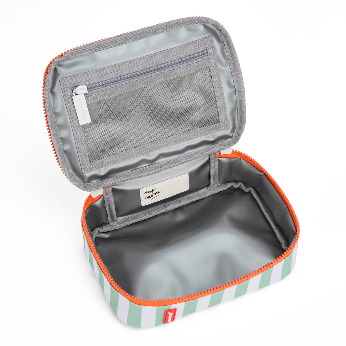 Saco de lanche infantil às riscas verdes, interior cinzento, fecho laranja Hello Hossy