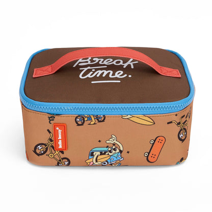 Saco de almoço infantil castanho com padrão de mascote bicicleta, fecho azul e pega laranja, Hello Hossy