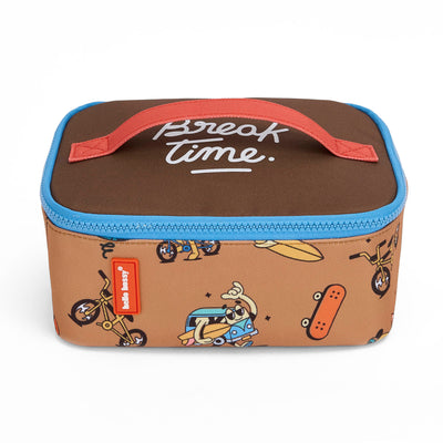 Saco de almoço infantil castanho com padrão de mascote bicicleta, fecho azul e pega laranja, Hello Hossy