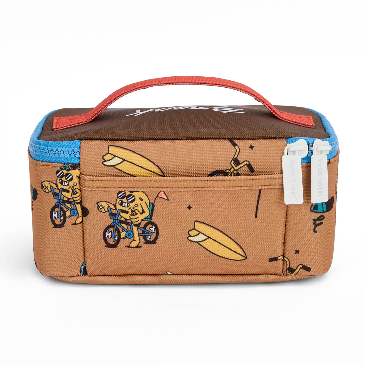 Saco de almoço infantil castanho com padrões de mascote e bicicleta, fecho duplo Hello Hossy