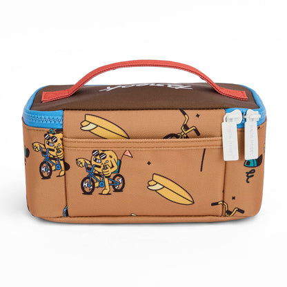 Saco de almoço infantil castanho com padrões de mascote e bicicleta, fecho duplo Hello Hossy