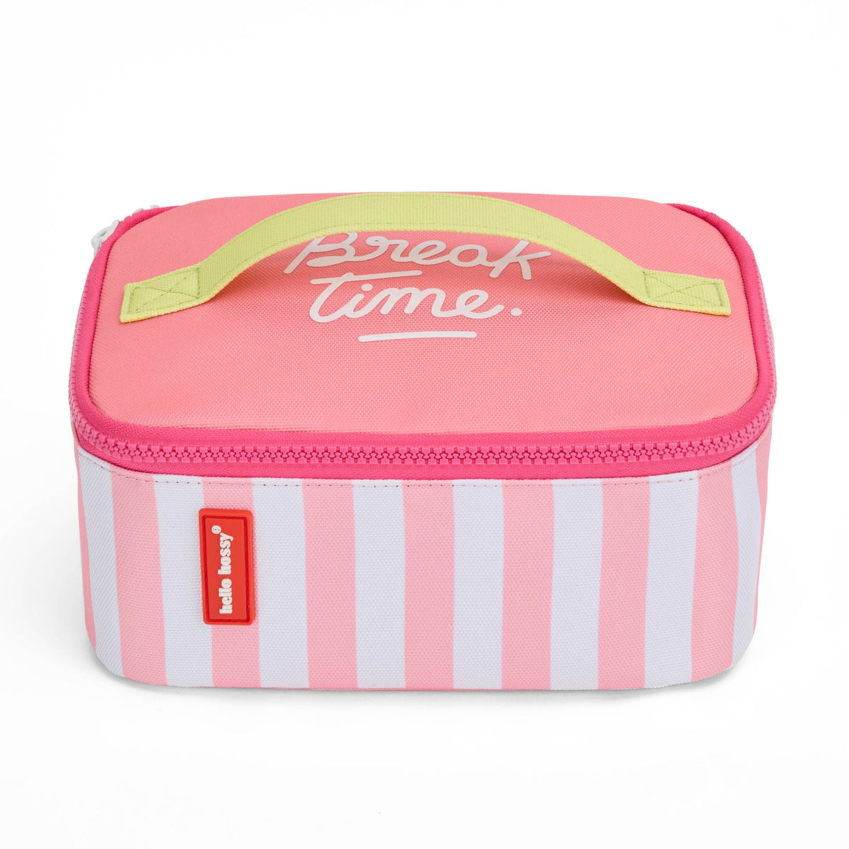 Saco de almoço infantil às riscas rosa, pega amarela, inscrição Hello Hossy