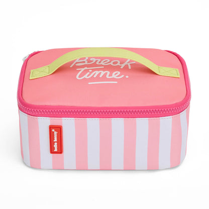 Saco de almoço infantil às riscas rosa, pega amarela, inscrição Hello Hossy