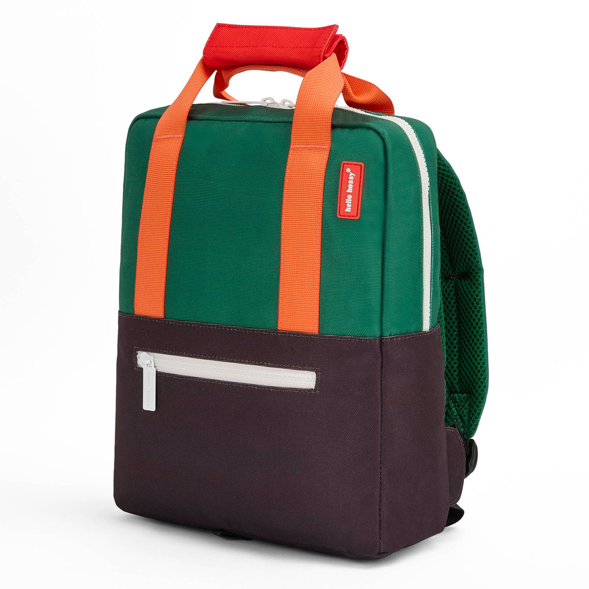 Mochila infantil verde com bolso frontal com fecho e pegas laranja Hello Hossy