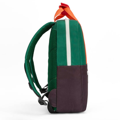 Mochila para criança verde, riscas brancas, alças laranja, Hello Hossy