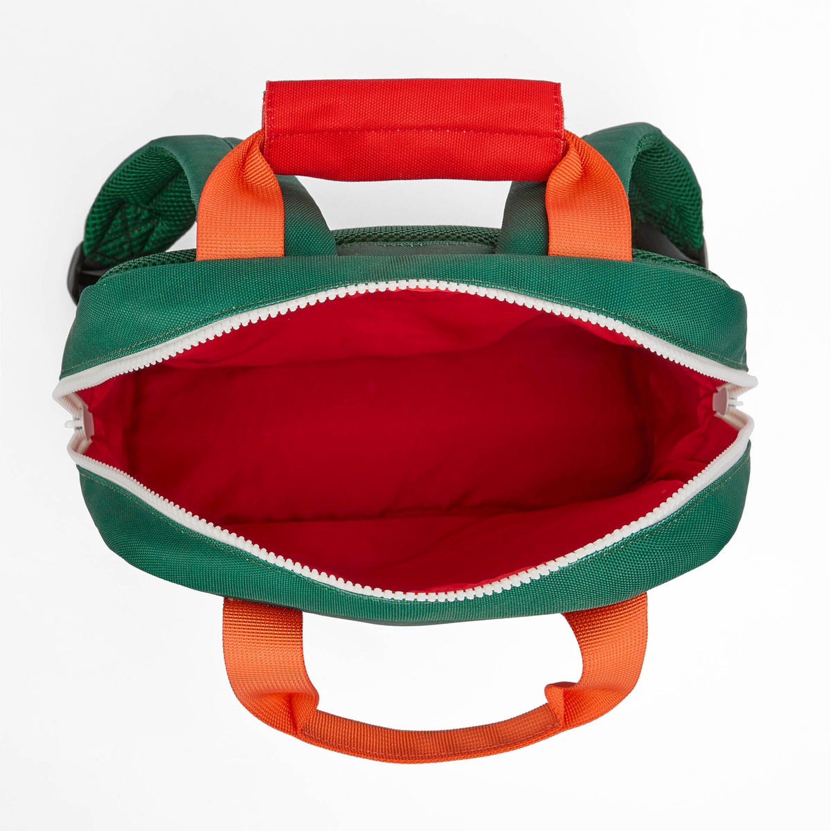 Mochila infantil verde com interior vermelho e alças laranja Hello Hossy