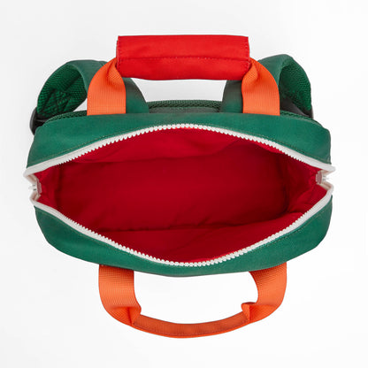 Mochila infantil verde com interior vermelho e alças laranja Hello Hossy
