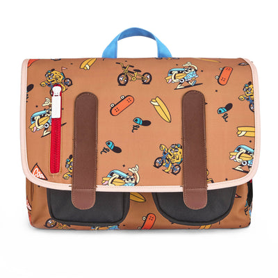 Mochila escolar infantil castanha com motivo de mascote em bicicleta Hello Hossy