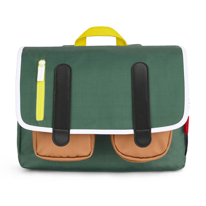 Mochila escolar infantil verde com bolsos castanhos e fecho amarelo Hello Hossy