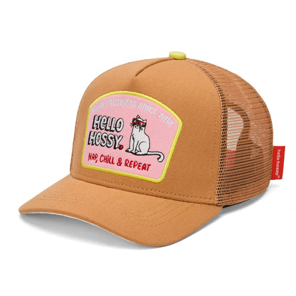Boné para criança castanho, pala curva, patch de gato Hello Hossy