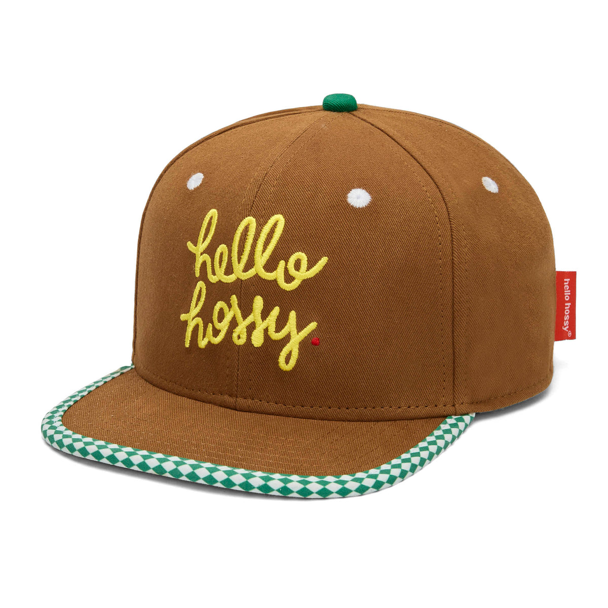Boné infantil castanho com pala reta e padrão xadrez verde Hello Hossy