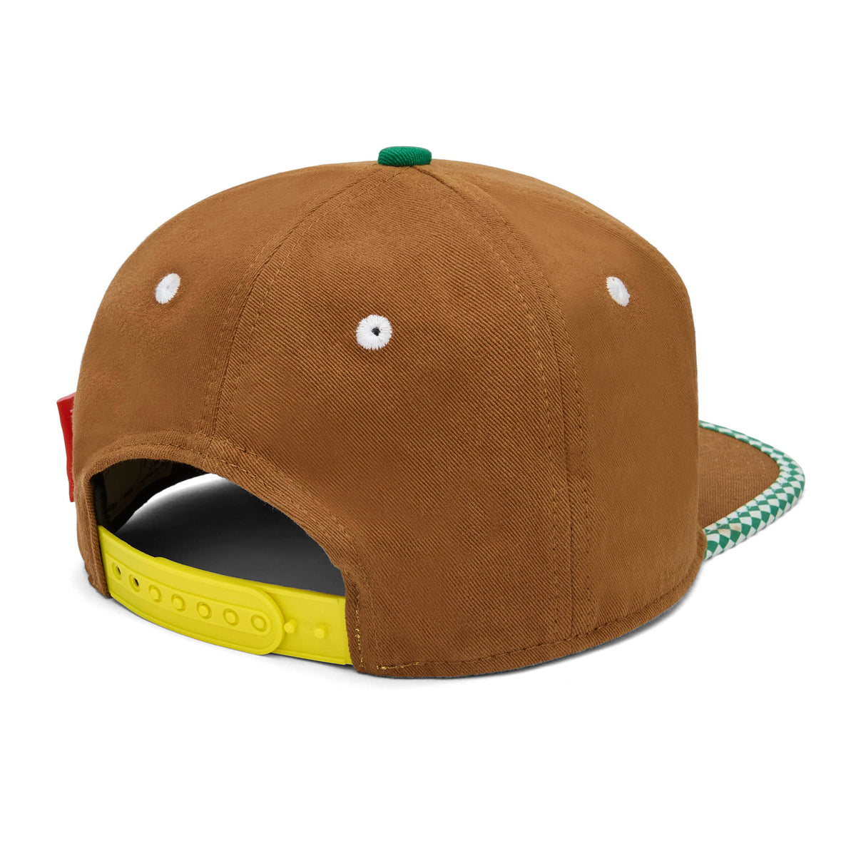 Boné infantil castanho com pala plana, padrão verde e amarelo Hello Hossy