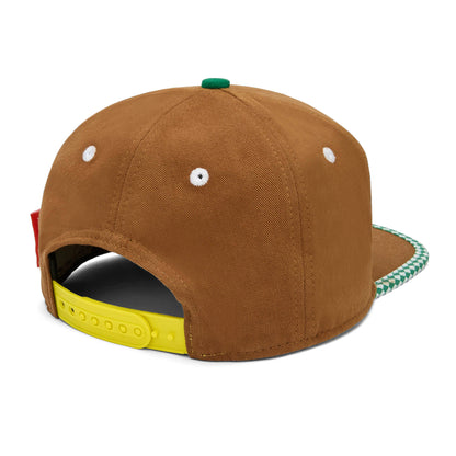 Boné infantil castanho com pala plana, padrão verde e amarelo Hello Hossy