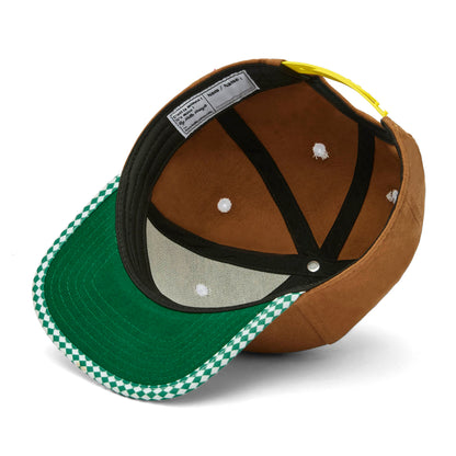 Boné infantil castanho com pala verde, quadrados brancos, ajustável, Hello Hossy