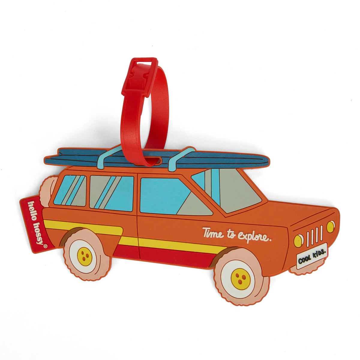 Etiqueta de bagagem infantil laranja e vermelha com padrão de carro e prancha de surf Hello Hossy