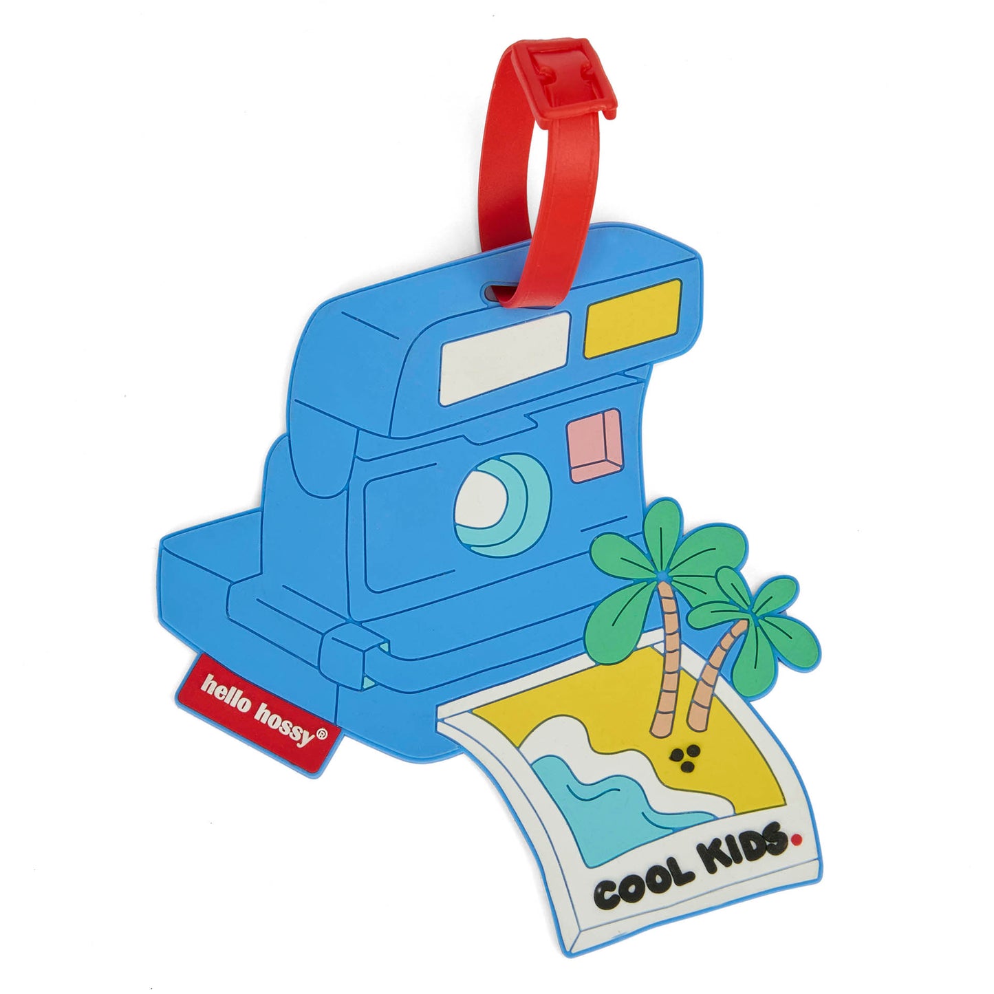 Etiqueta de bagagem infantil azul em forma de máquina fotográfica, pega vermelha, foto de praia Hello Hossy