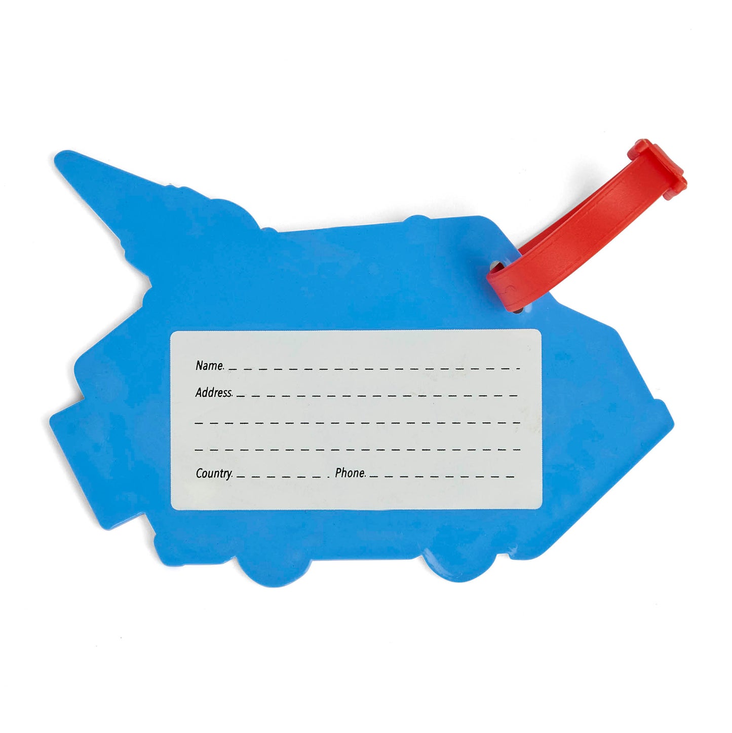 Etiqueta de bagagem infantil azul com motivo de carro e tira vermelha Hello Hossy