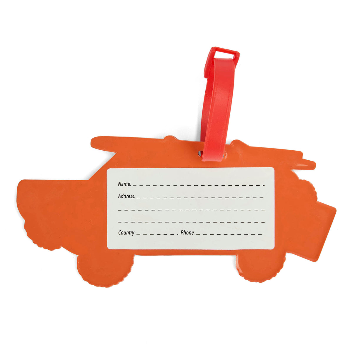 Etiqueta de bagagem infantil laranja em forma de carro com tira vermelha Hello Hossy