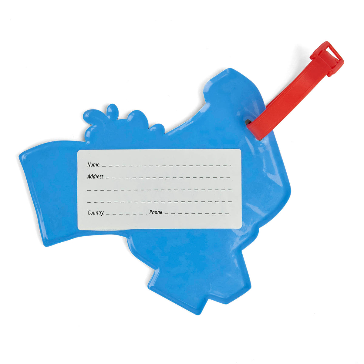 Etiqueta de bagagem infantil azul com tira vermelha e espaço para morada Hello Hossy