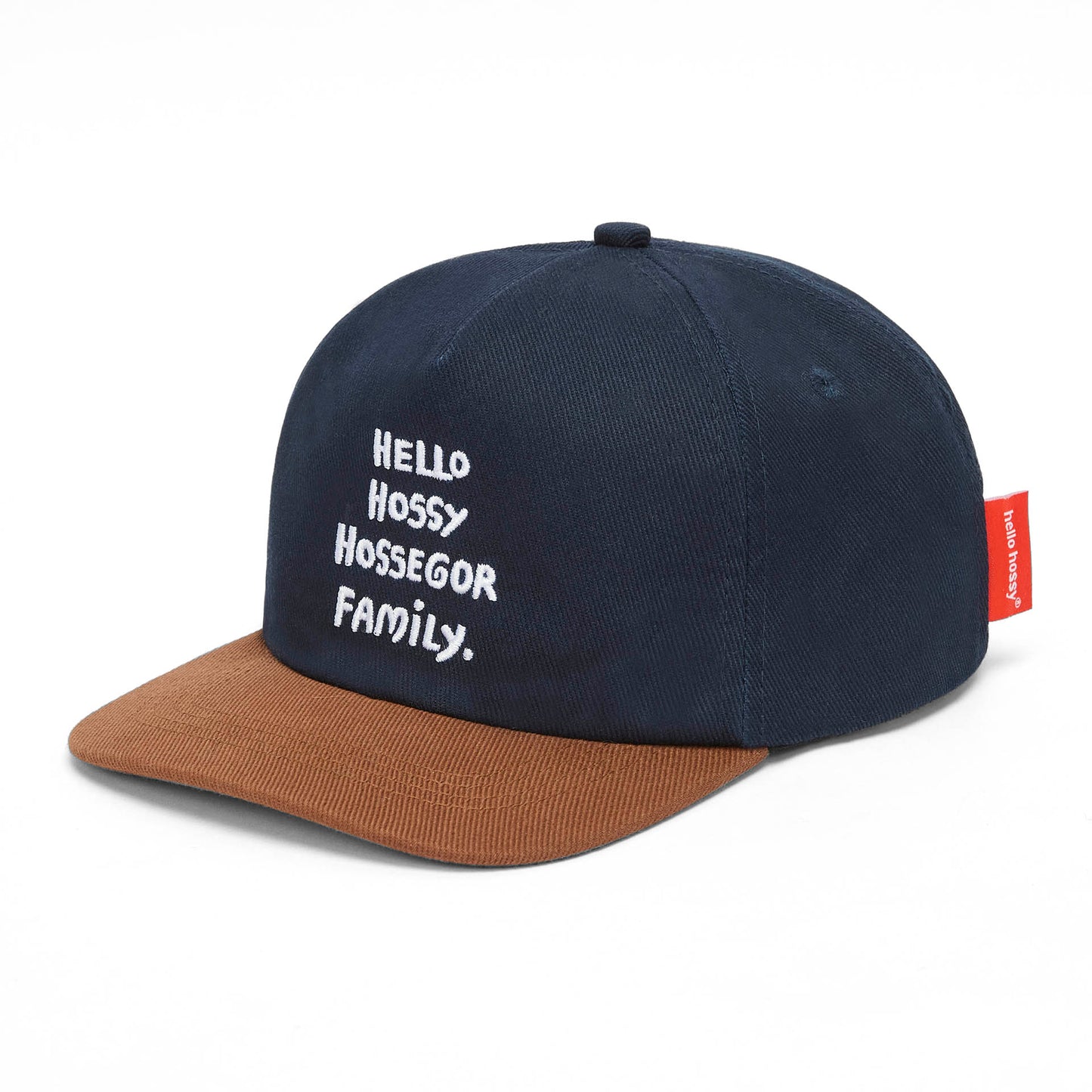 Boné infantil azul e castanho com texto bordado e pala curva Hello Hossy