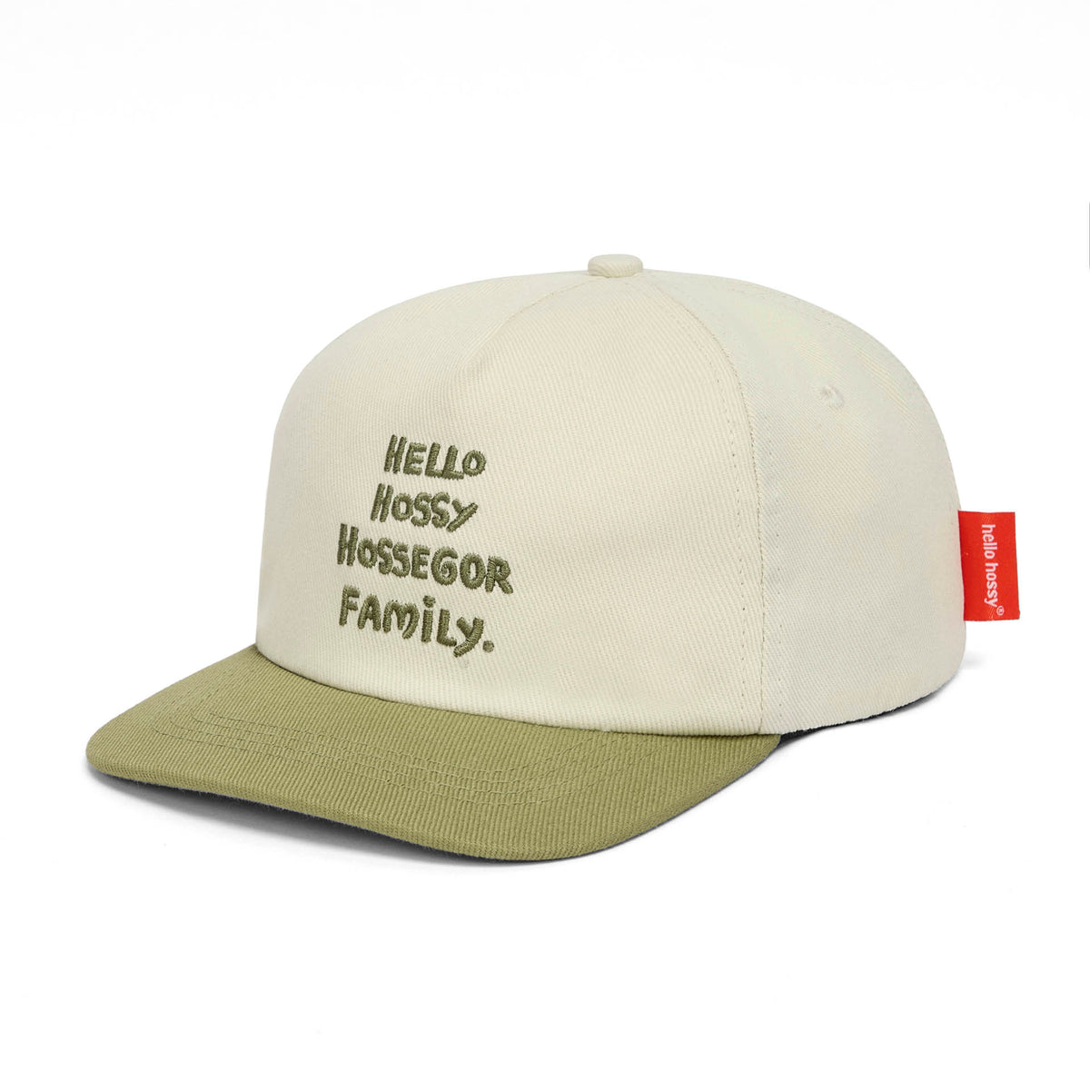 Boné infantil branco com pala verde e bordado Hello Hossy