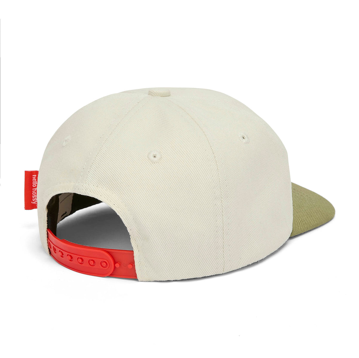Boné infantil branco com pala verde ajustável, detalhe vermelho Hello Hossy