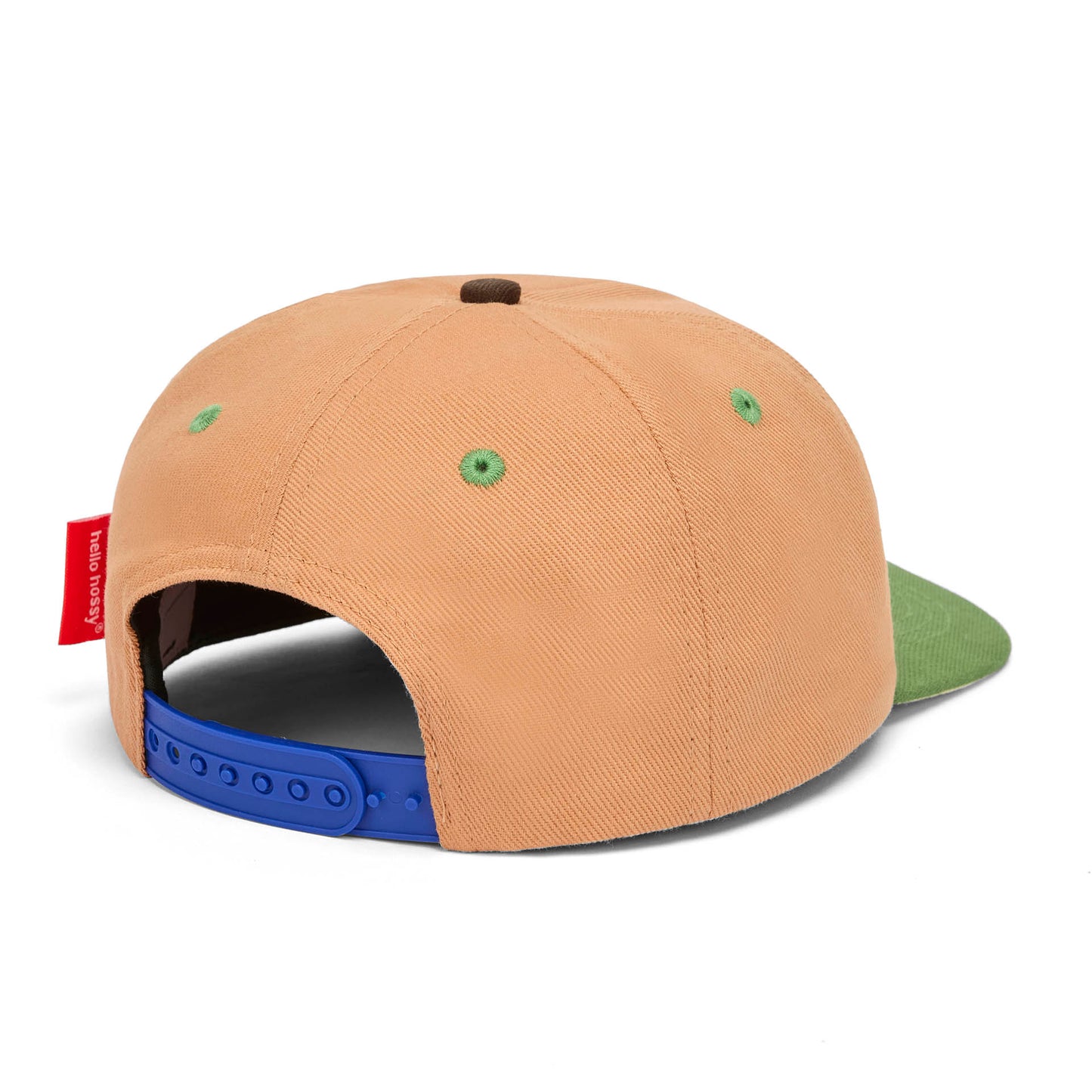 Boné infantil castanho com pala verde e tira ajustável azul Hello Hossy
