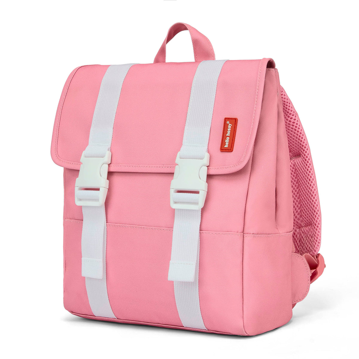 Mochila infantil rosa, tiras brancas, fecho de clipes Hello Hossy