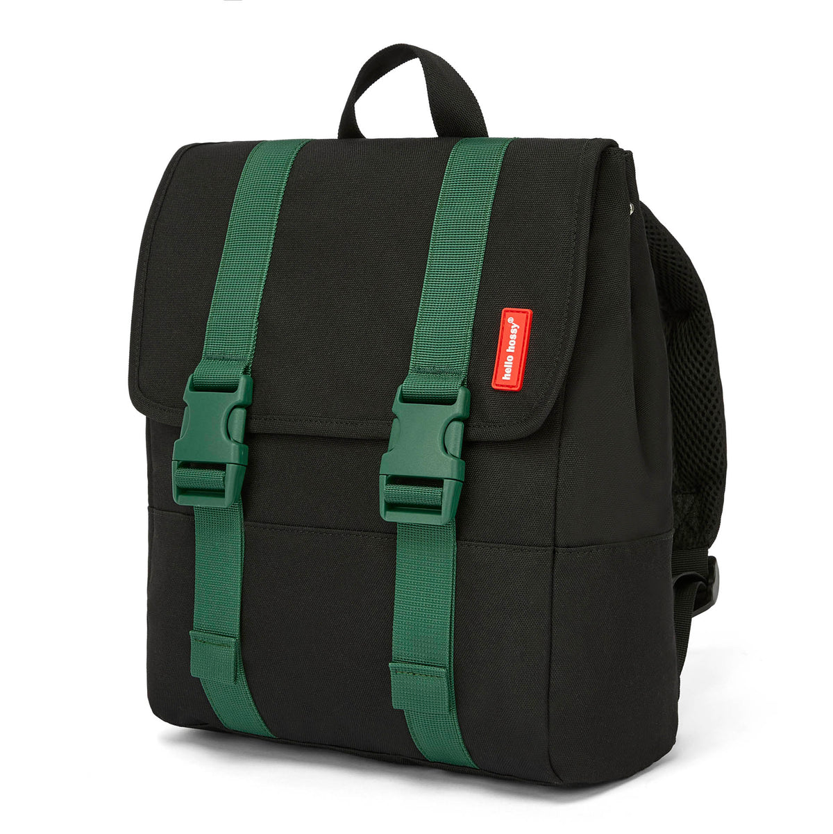 Mochila infantil preta com alças verdes e fecho de clipes Hello Hossy