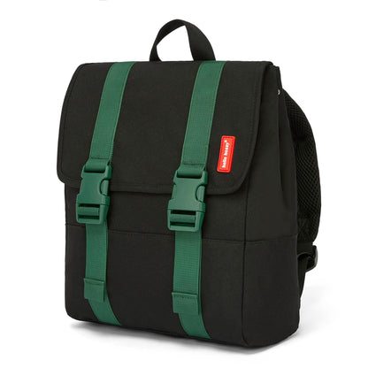 Mochila infantil preta com alças verdes e fecho de clipes Hello Hossy
