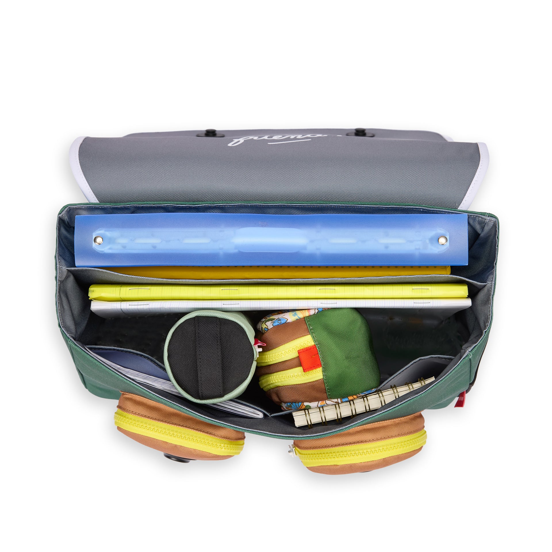 Mochila escolar infantil verde aberta com compartimentos de arrumação Hello Hossy