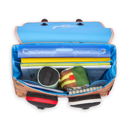 Mochila escolar infantil castanha com padrão de bicicleta, aberta com arrumação prática Hello Hossy