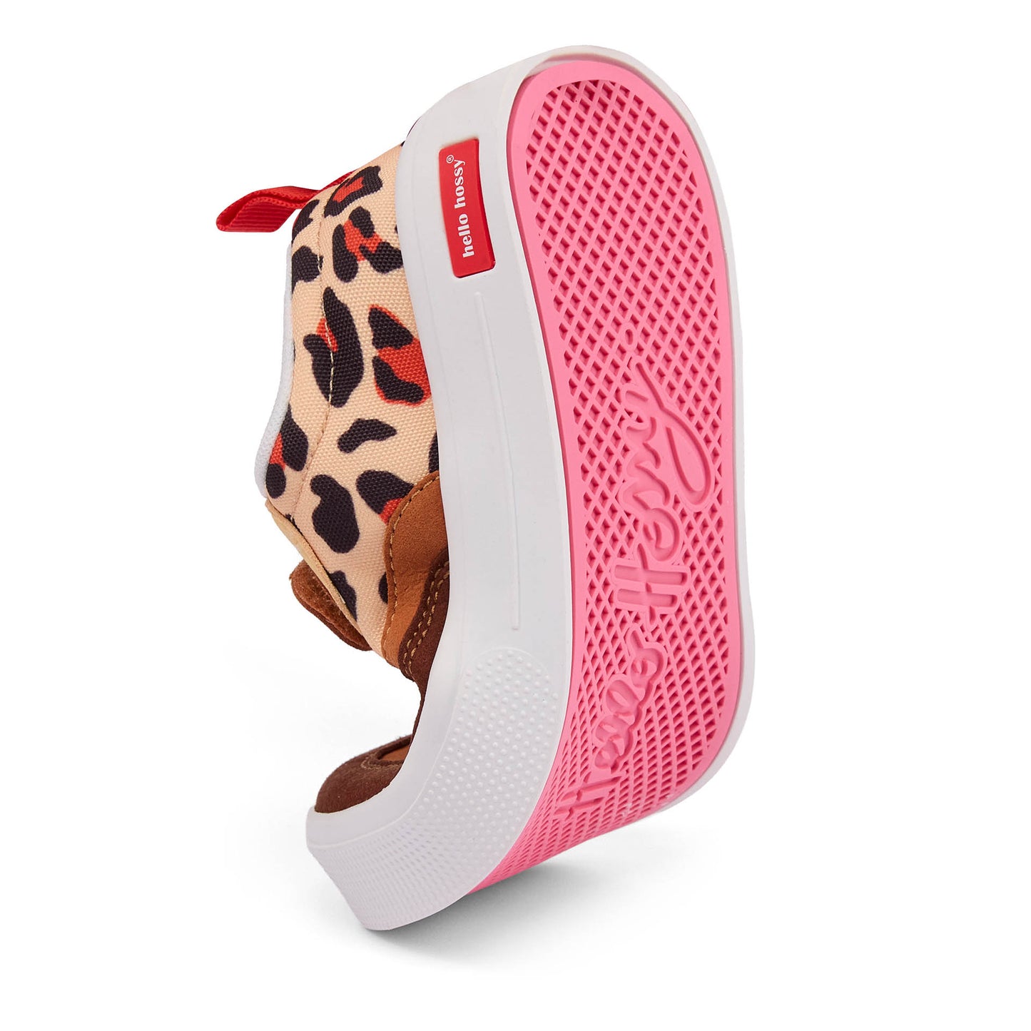 Sapatilhas infantis creme e castanho com estampado leopard e sola rosa flexível Hello Hossy