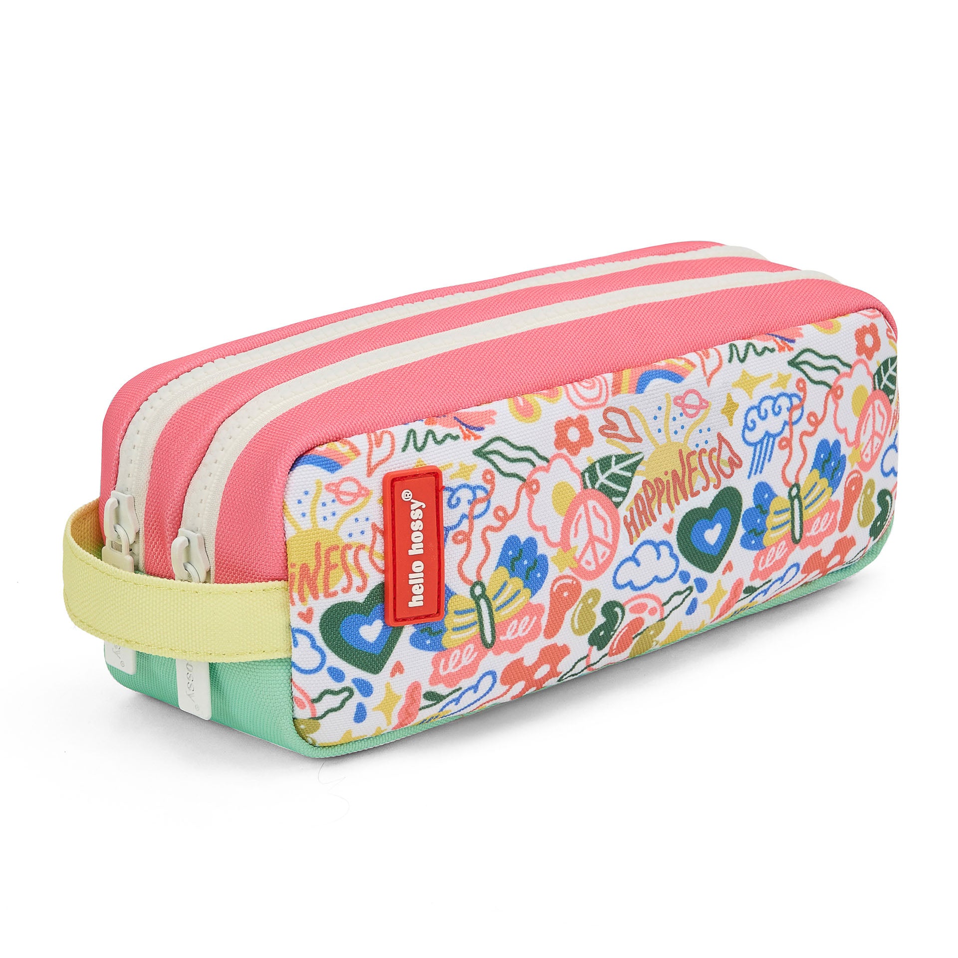 Estojo escolar infantil branco e verde com estampado de arte floral e fecho duplo Hello Hossy