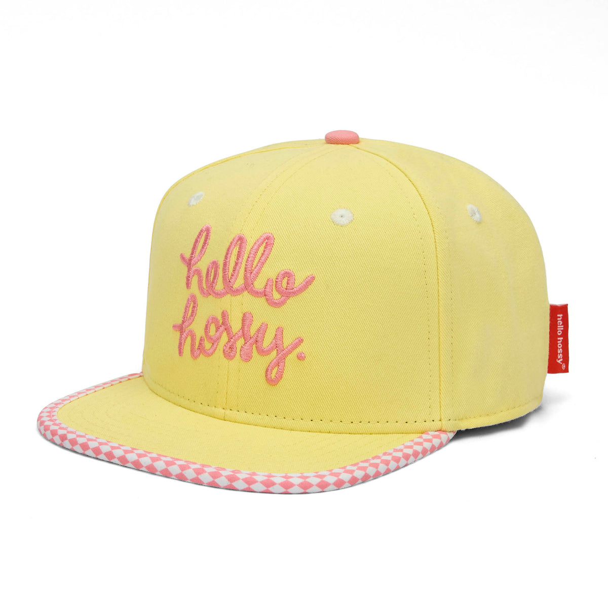 Boné infantil amarelo com bordado rosa e pala reta com rebordo Hello Hossy
