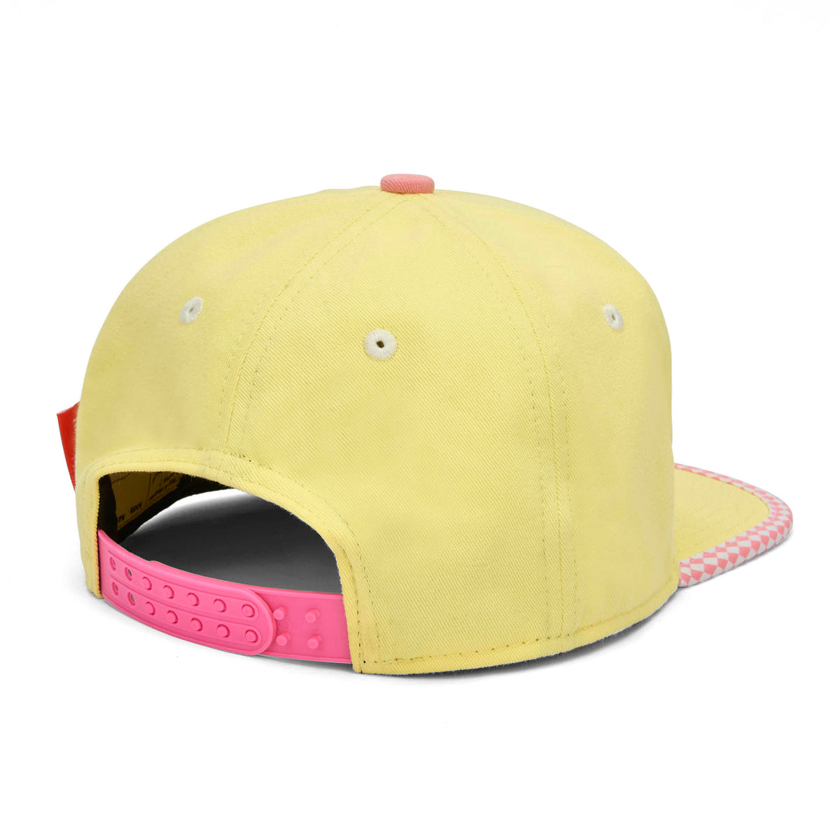 Boné infantil amarelo com pala reta e botão rosa ajustável Hello Hossy