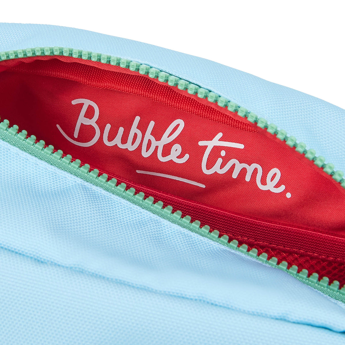 Nécessaire infantil azul com abertura vermelha e inscrição Bubble Time Hello Hossy