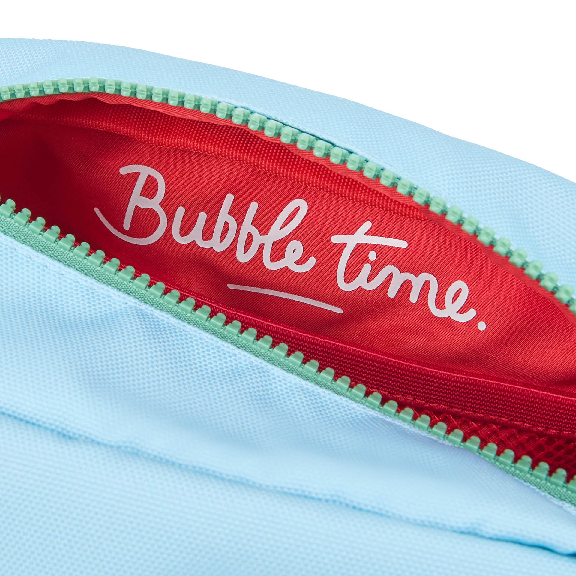 Nécessaire infantil azul com abertura vermelha e inscrição Bubble Time Hello Hossy