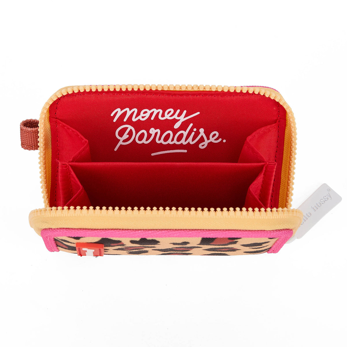 Porta-moedas infantil bege com estampado leopard, interior vermelho Hello Hossy