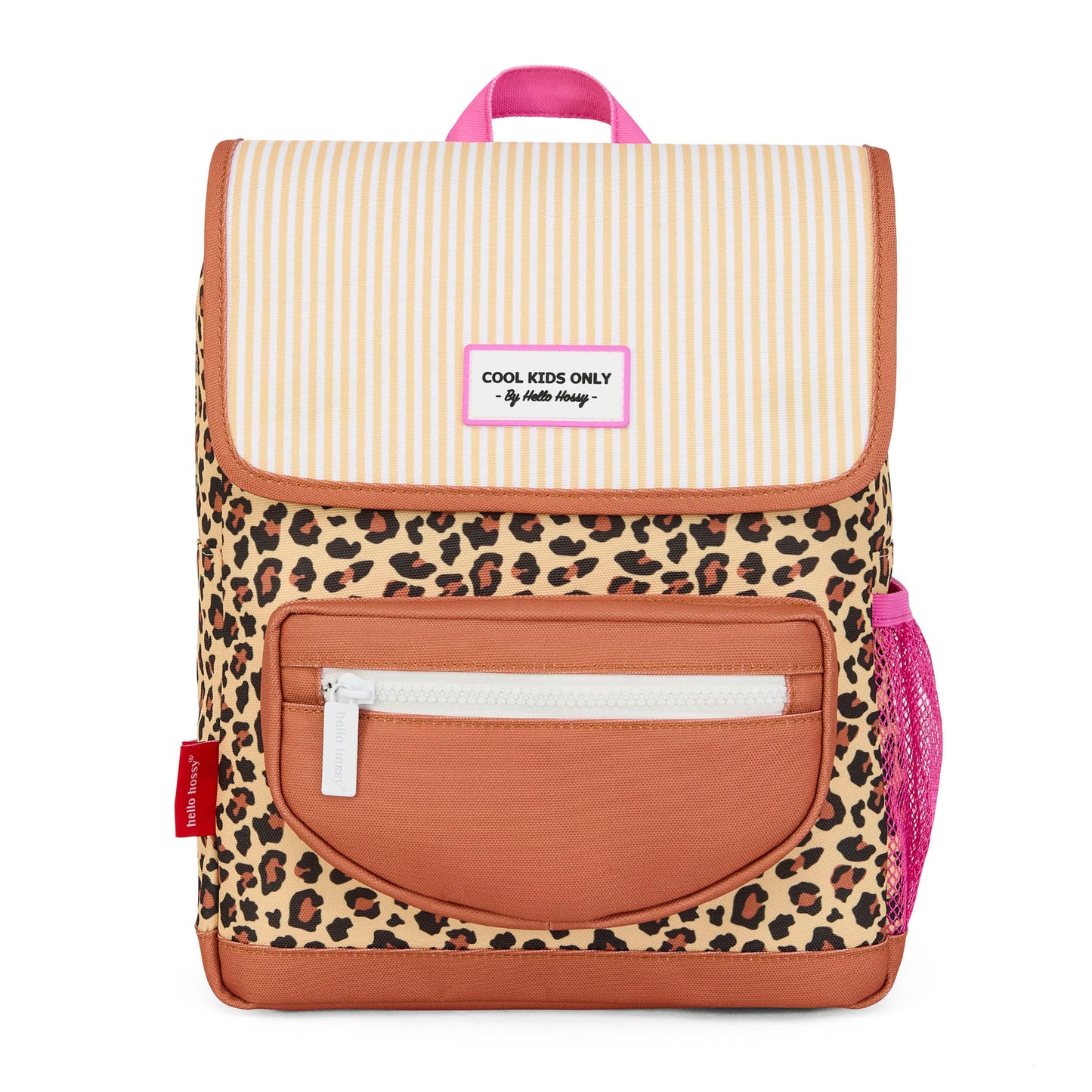 Mochila de criança bege estampado leopard bolso frontal castanho Hello Hossy