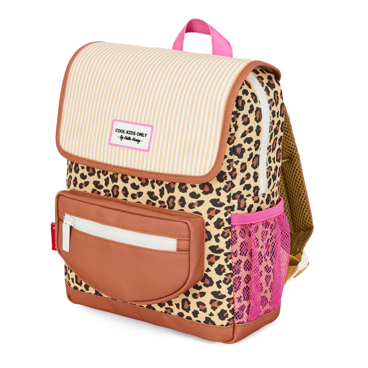 Mochila infantil bege com estampado leopard, bolso em pele e rede rosa Hello Hossy