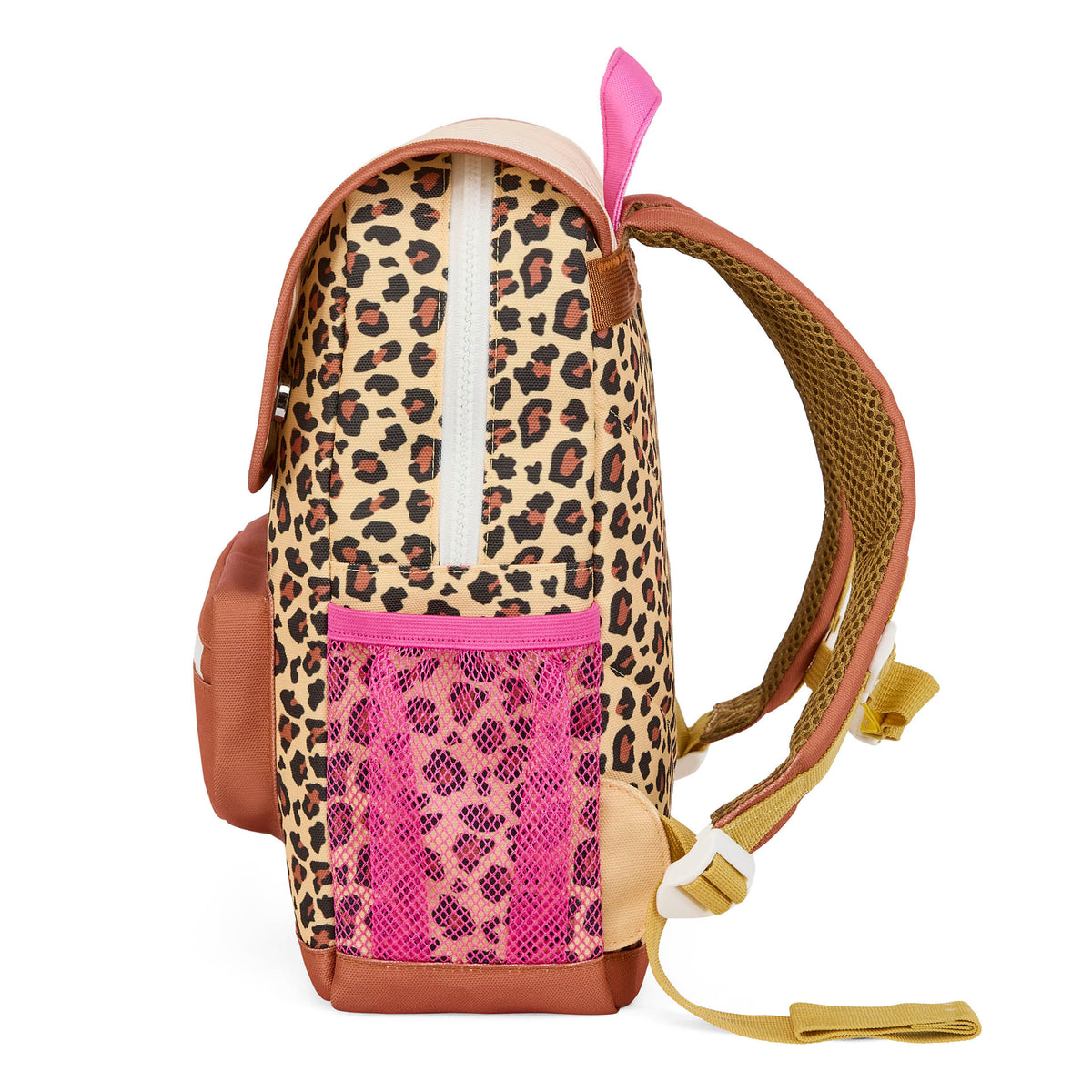 Mochila para criança bege, estampado leopard, bolso em rede rosa, Hello Hossy