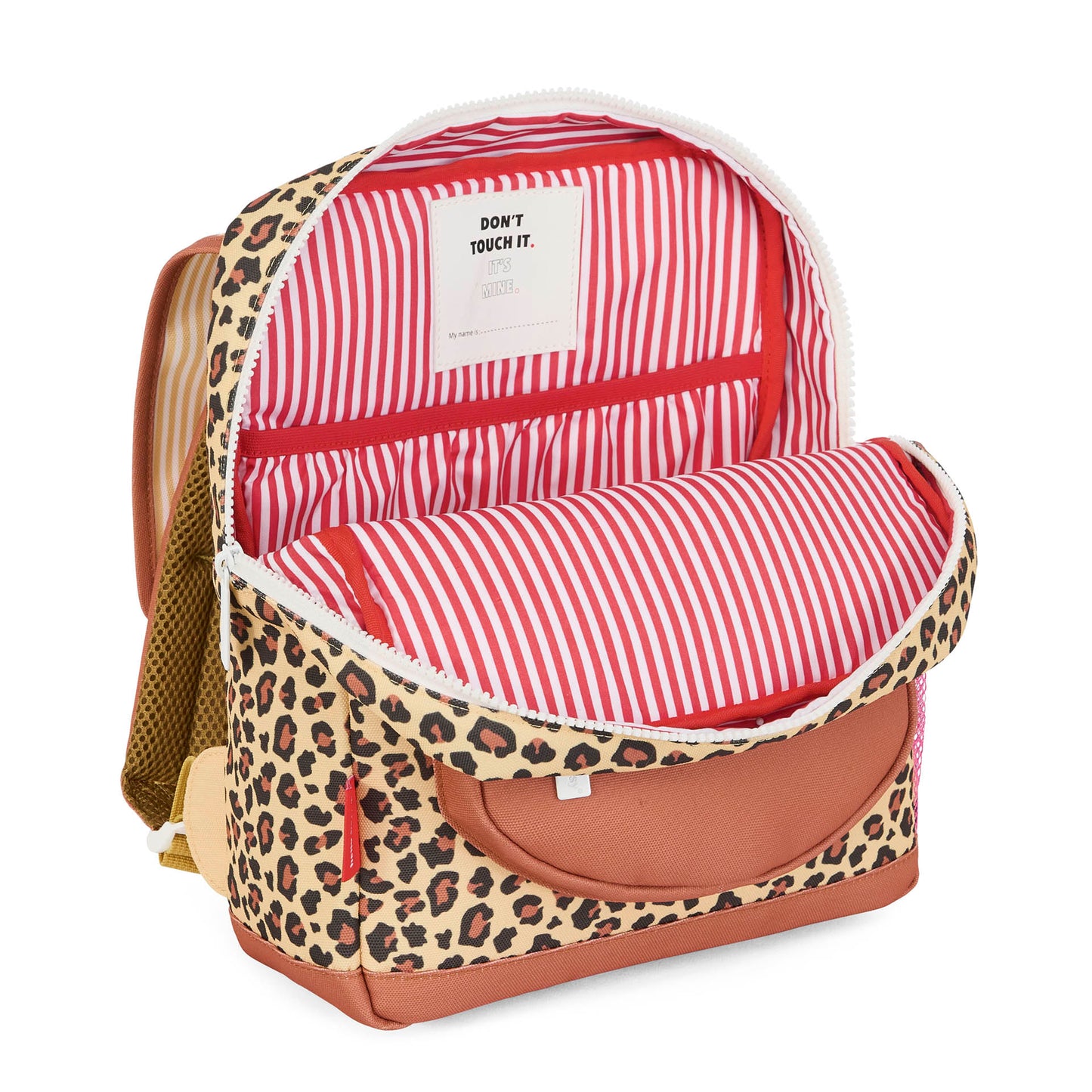 Mochila infantil bege com estampado leopard e interior às riscas vermelhas Hello Hossy