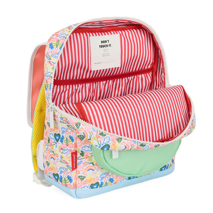 Mochila para criança branca e rosa com estampado de arte e flores, bolso verde Hello Hossy